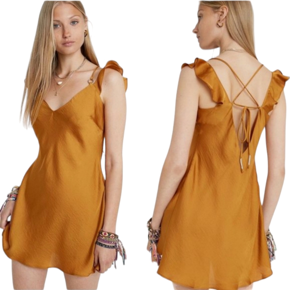 Free‎ People What I Want Golden Yellow Satin Off-the-Shoulder Slip Dress Size L